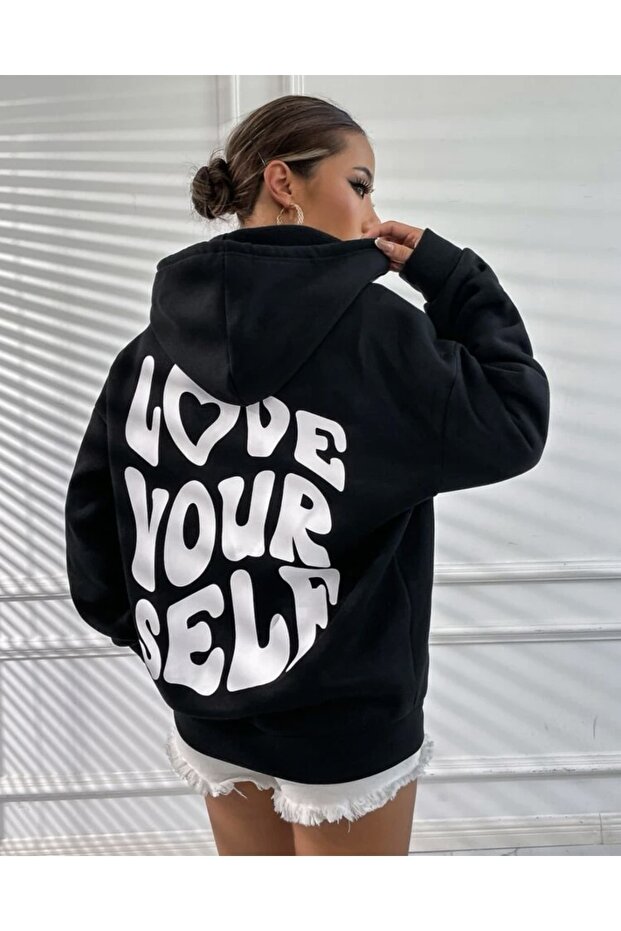 سويت شيرت بغطاء للرأس كبير الحجم مطبوع عليه Love Your Self مطبوع من 3 خيوط 100% قطن