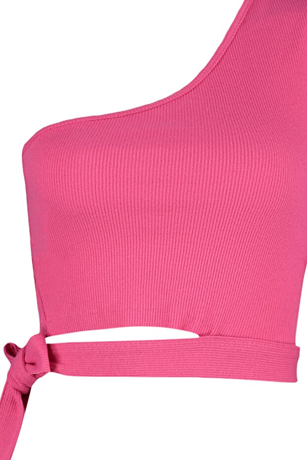 Fuşya Tek Omuz Fitted/Vücuda Oturan Bağlama Detaylı Fitilli Örme Bluz TWOSS22BZ1558 - 7
