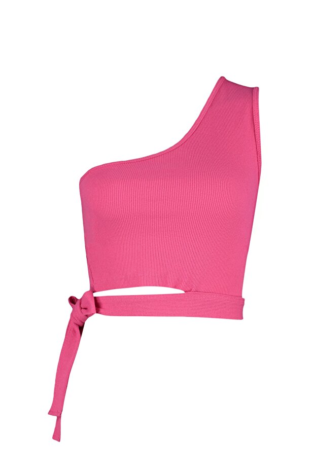 Fuşya Tek Omuz Fitted/Vücuda Oturan Bağlama Detaylı Fitilli Örme Bluz TWOSS22BZ1558 - 6