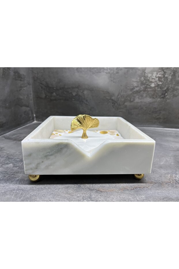 Doğal Mermer Peçetelik Gold Gingko Objeli - 1