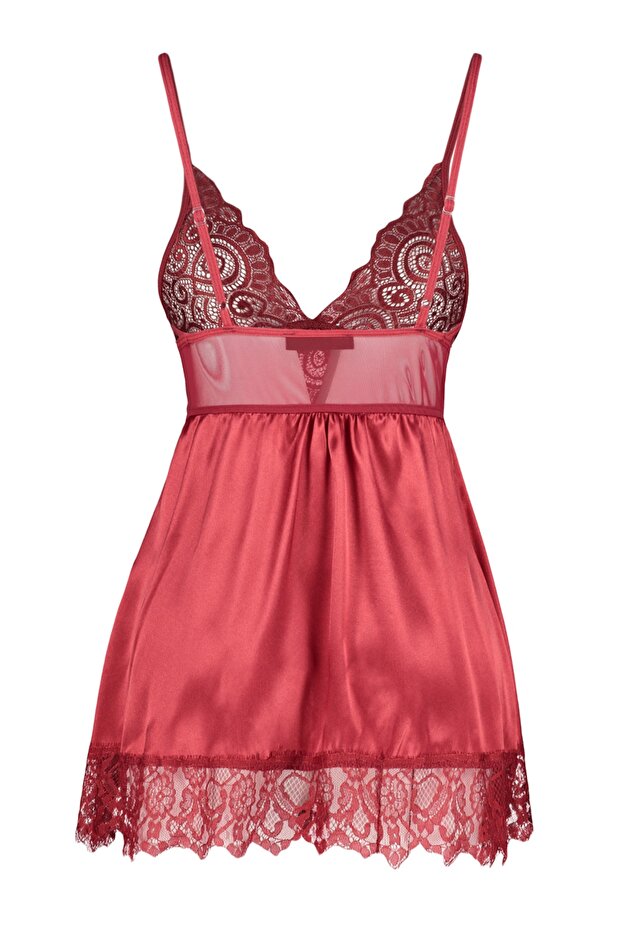 Bordo Saten Dantelli İp Askılı Babydoll/Fantezi Gecelik THMSS22LL0001 - 9