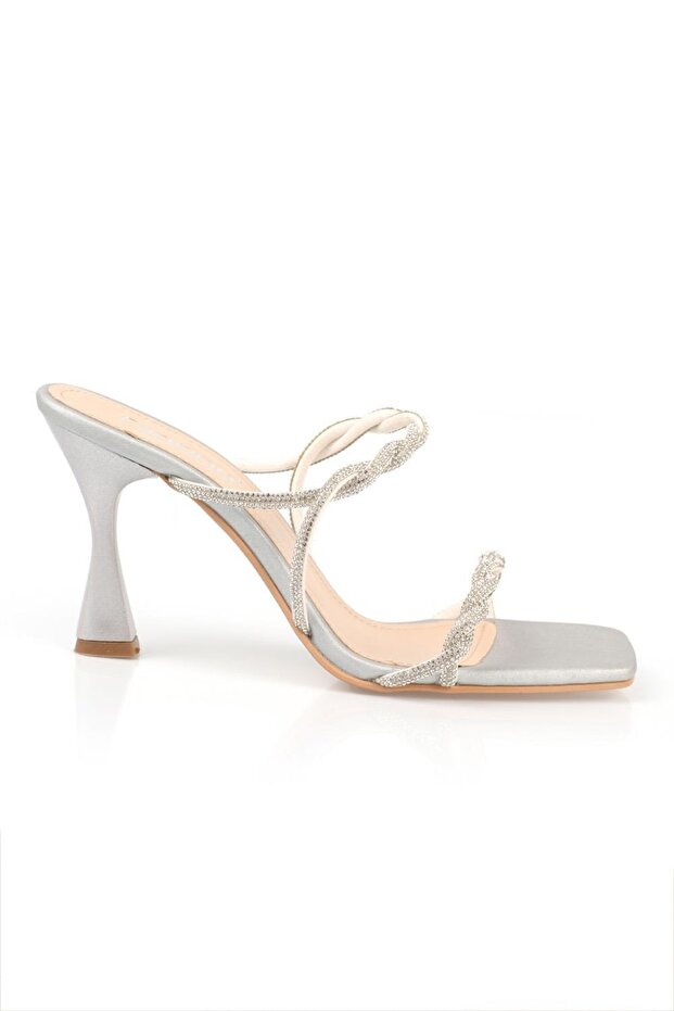 Kapcie damskie Capone Blunt Toe Stone Knit z podwójnym paskiem na wysokim obcasie, satynowe, srebrne - 6