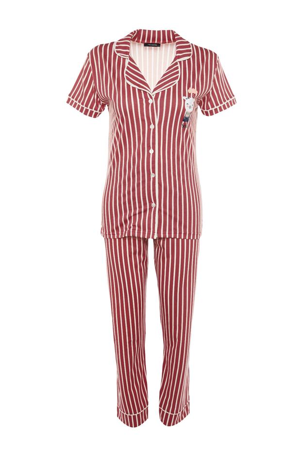 Pembe Çizgili Hayvan Baskılı Gömlek-Pantolon Örme Pijama Takımı THMSS21PT0878 - 8