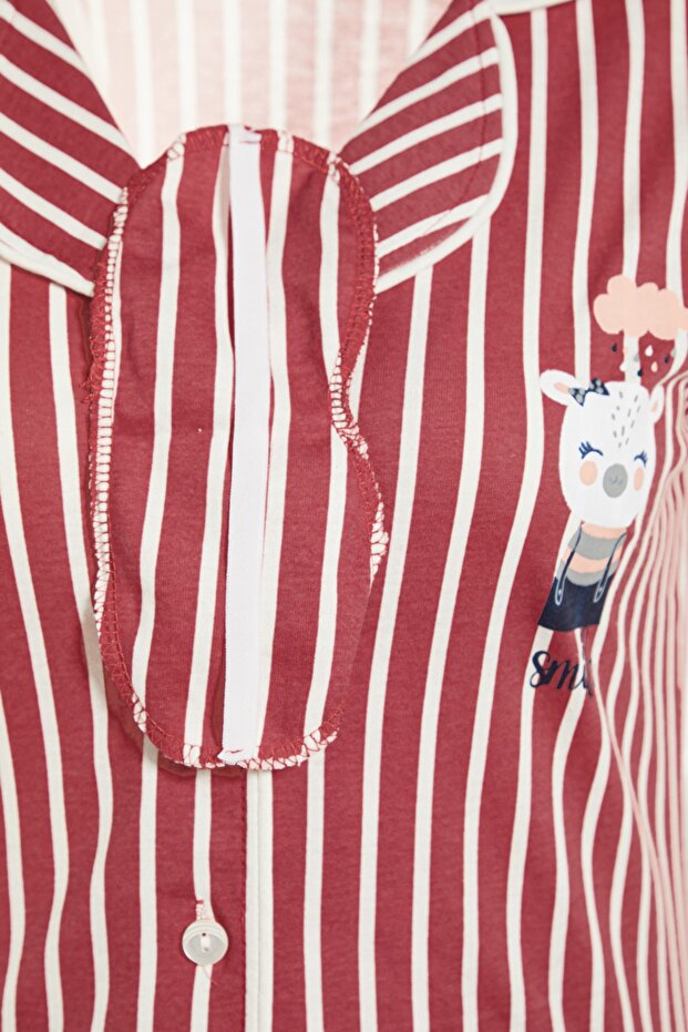 Pembe Çizgili Hayvan Baskılı Gömlek-Pantolon Örme Pijama Takımı THMSS21PT0878 - 9