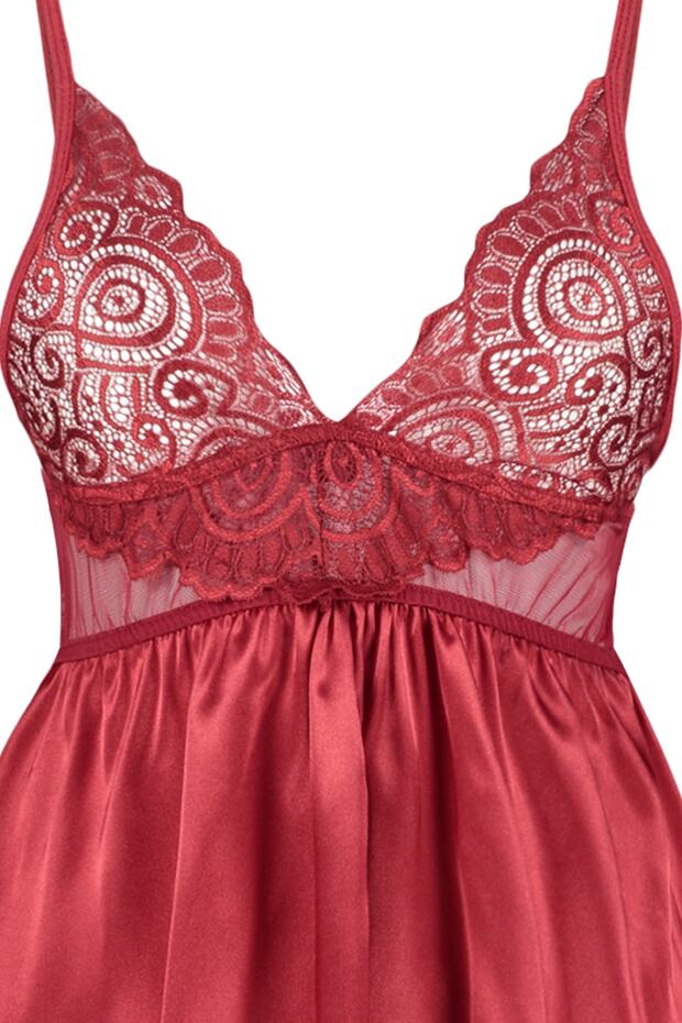 Bordo Saten Dantelli İp Askılı Babydoll/Fantezi Gecelik THMSS22LL0001 - 8