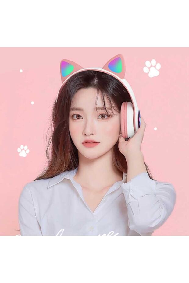 Kablosuz Bluetooth 5.0 Led Işıklı Kedili Tasarım Kulaklık Pembe Çocuk Kedi - 2