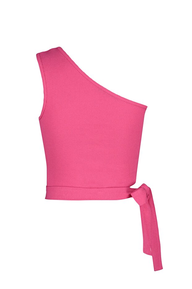 Fuşya Tek Omuz Fitted/Vücuda Oturan Bağlama Detaylı Fitilli Örme Bluz TWOSS22BZ1558 - 8