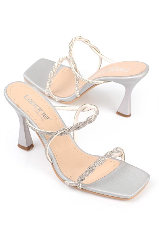 Kapcie damskie Capone Blunt Toe Stone Knit z podwójnym paskiem na wysokim obcasie, satynowe, srebrne - 5