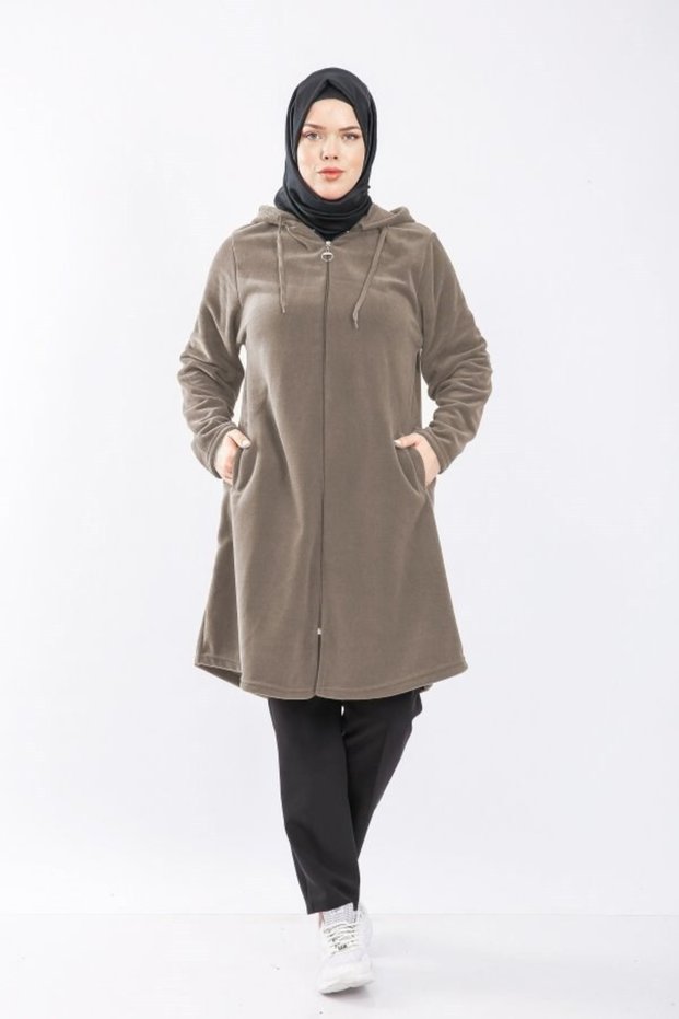 Large Size Hooded Zippered Fleece Cap - Mink