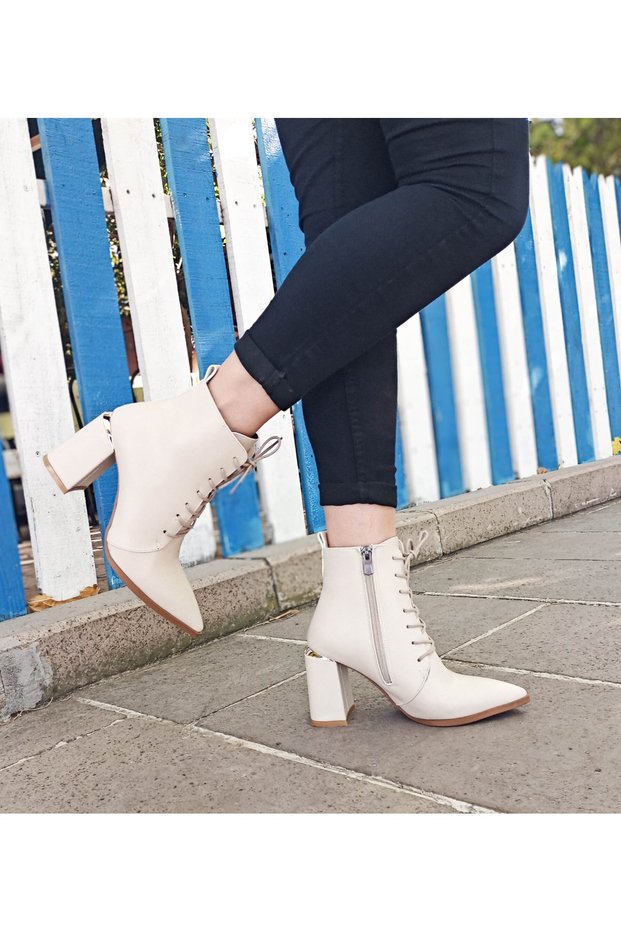 Beige Pointed Toe Lace-Up Thick Heeled Women's Boots