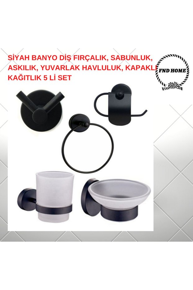 Black Bathroom Toothbrush Holder, Soap Dish, Hanger, Round Towel Holder, Paper Holder with Lid Set of 5