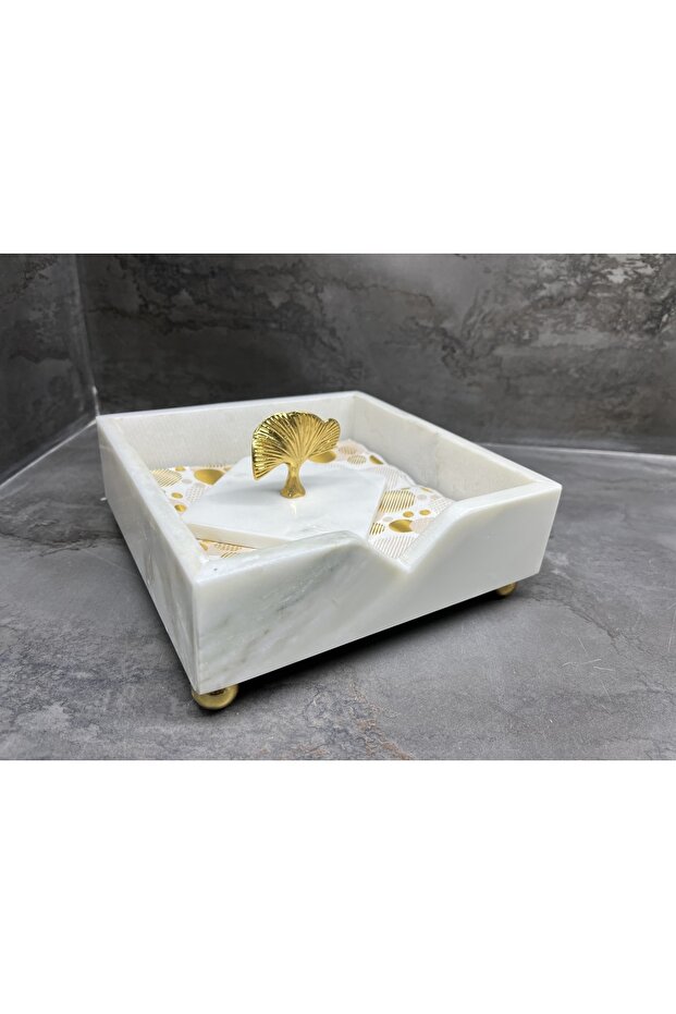 Doğal Mermer Peçetelik Gold Gingko Objeli - 3