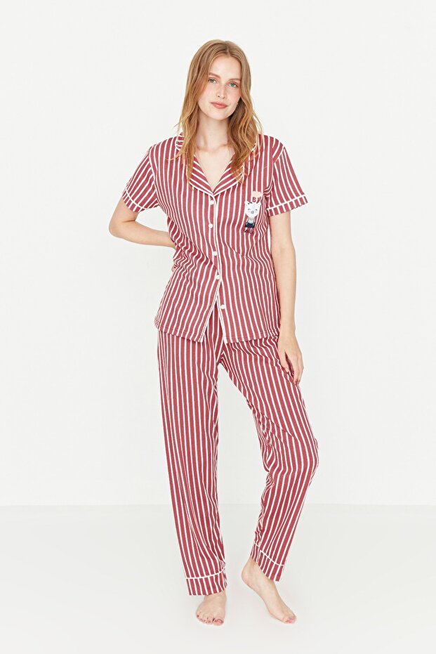 Pembe Çizgili Hayvan Baskılı Gömlek-Pantolon Örme Pijama Takımı THMSS21PT0878 - 3