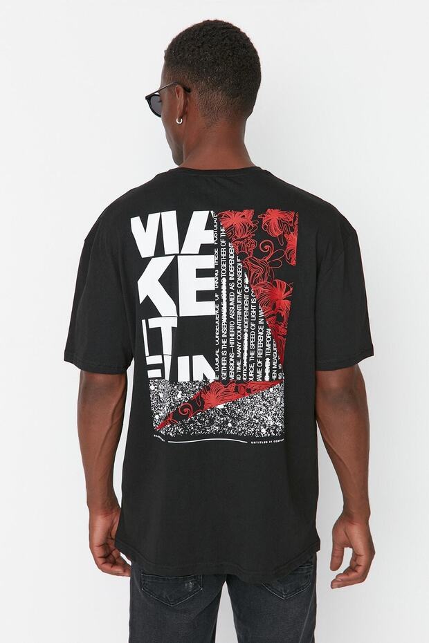 Black Oversize/Wide Cut Short Sleeve Text Printed 100% Cotton T-Shirt Tmnss21Ts1064