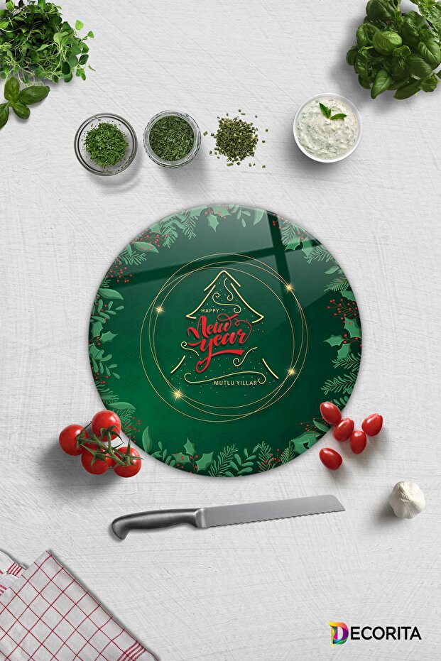Glass Cutting Board - Glass Cutting Board | Happy New Year - Green | Diameter32Cm