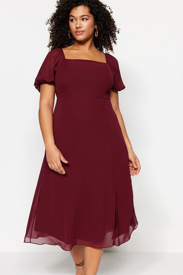 Bordo Dokuma Yırtmaçlı Elbise TBBSS22AH0012 - 2