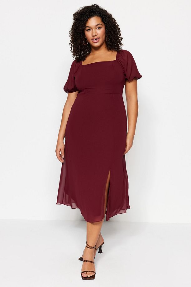Bordo Dokuma Yırtmaçlı Elbise TBBSS22AH0012 - 1