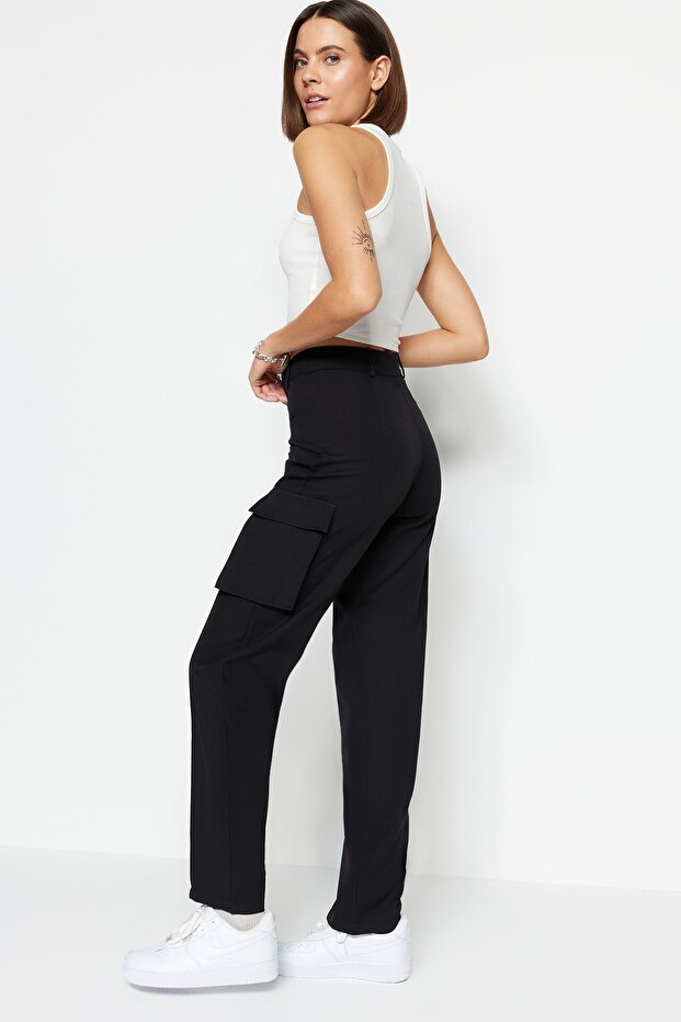 Siyah Kargo Straight/Düz Kesim Dokuma Çift Cepli Dokuma Pantolon TWOAW22PL0343 - 7