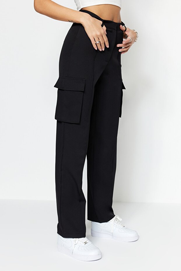 Siyah Kargo Straight/Düz Kesim Dokuma Çift Cepli Dokuma Pantolon TWOAW22PL0343 - 8