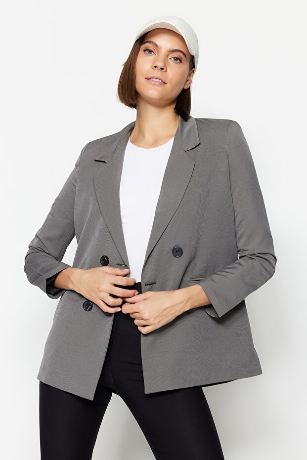 Gri Regular Astarlı Düğmeli Dokuma Blazer Ceket TWOAW23BC00017 - 2
