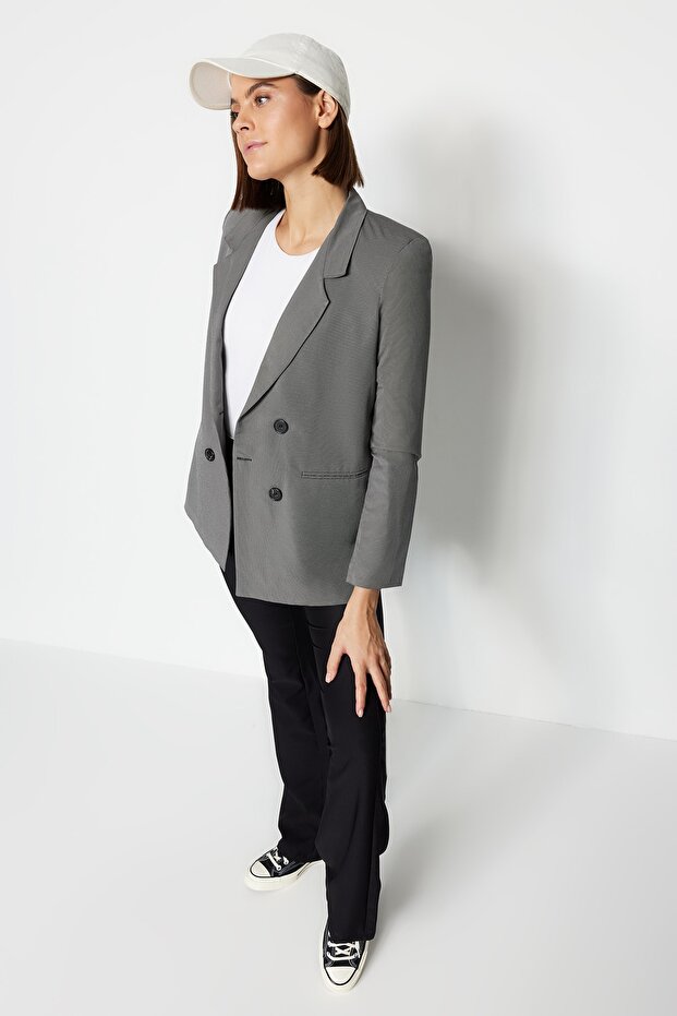 Gri Regular Astarlı Düğmeli Dokuma Blazer Ceket TWOAW23BC00017 - 3