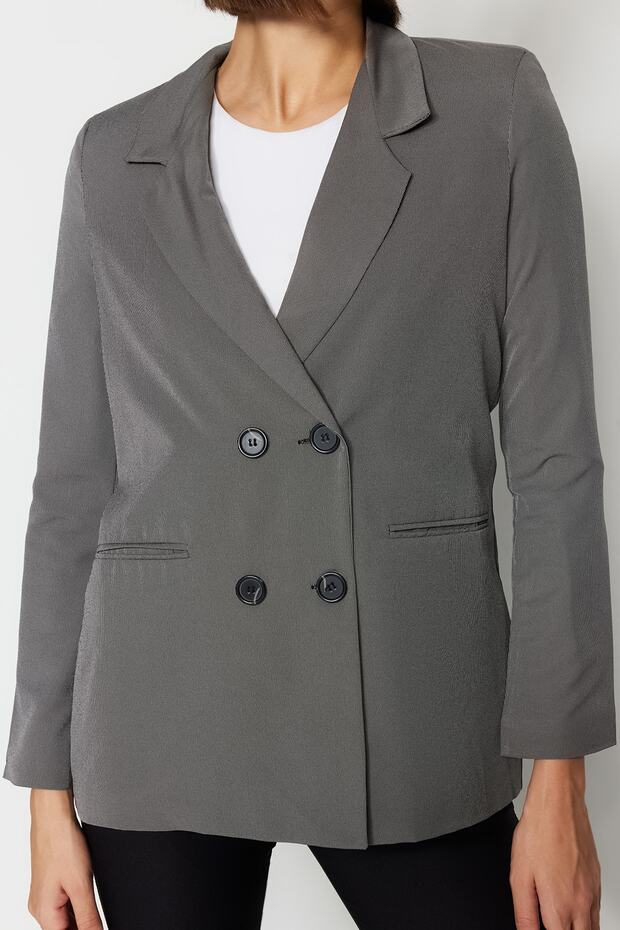 Gri Regular Astarlı Düğmeli Dokuma Blazer Ceket TWOAW23BC00017 - 4