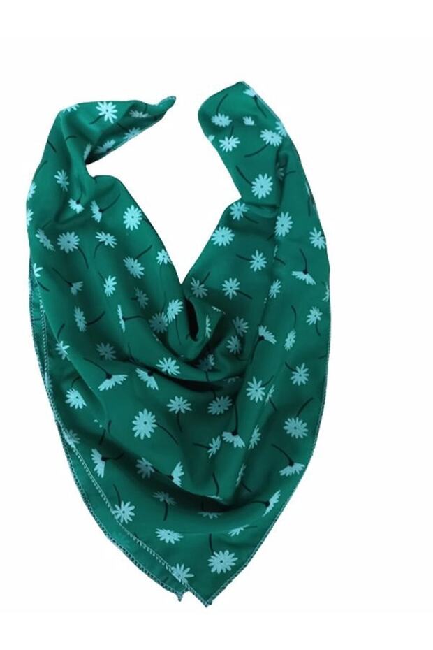 Green Color Flower Patterned Satin Scarf