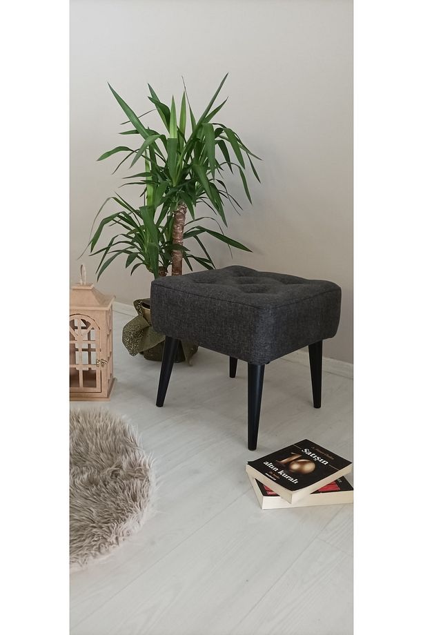 Artego Geniş Oturum Alanlı Siyah Ağaç Ayak Antrasit Kare Puf Bench - 2