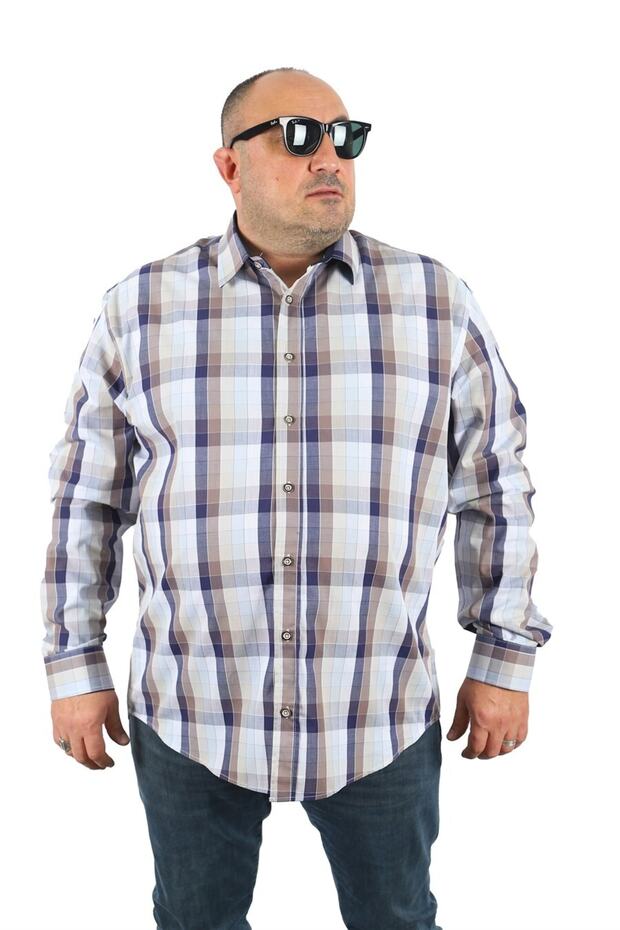 Large Size Men's Small Checked Shirt 23361 Navy Blue