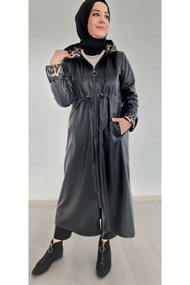 Leopar Astarlı Kapşonlu Deri Trençkot - 1