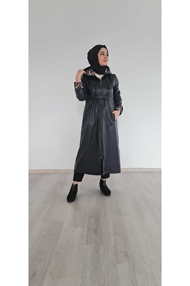 Leopar Astarlı Kapşonlu Deri Trençkot - 3