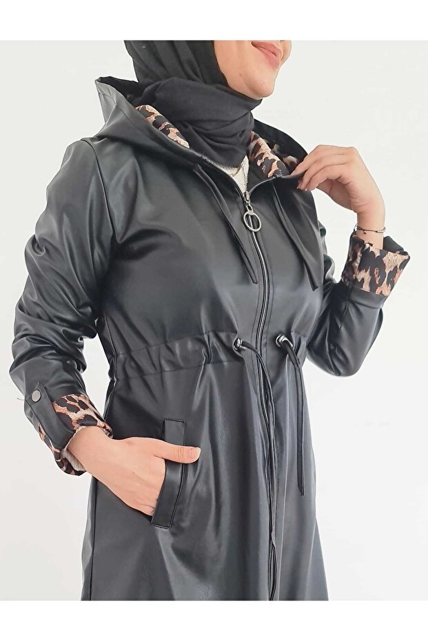 Leopar Astarlı Kapşonlu Deri Trençkot - 4