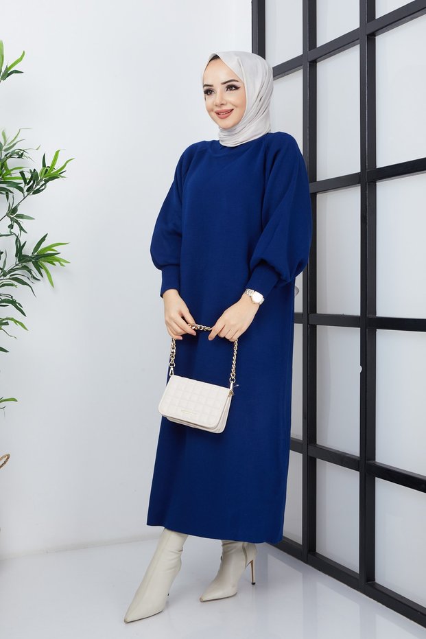 Women's Midnight Blue Hijab Balloon Sleeve Knitwear Dress