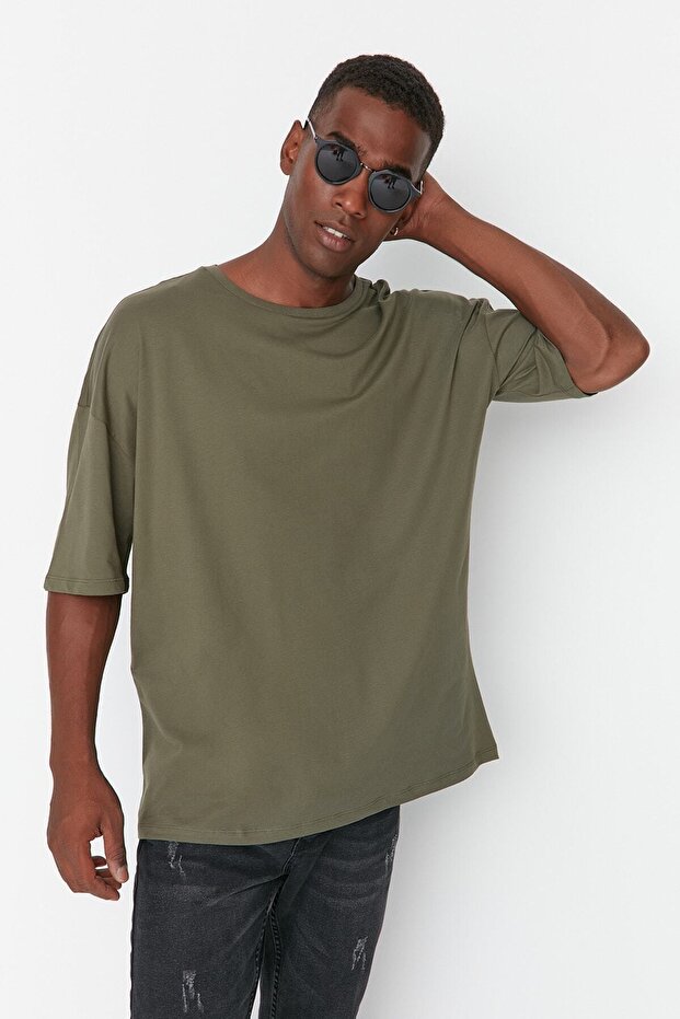 Haki Oversize/Geniş Kesim Bisiklet Yaka Çiçek Baskılı %100 Pamuklu T-Shirt TMNSS21TS1223 - 5