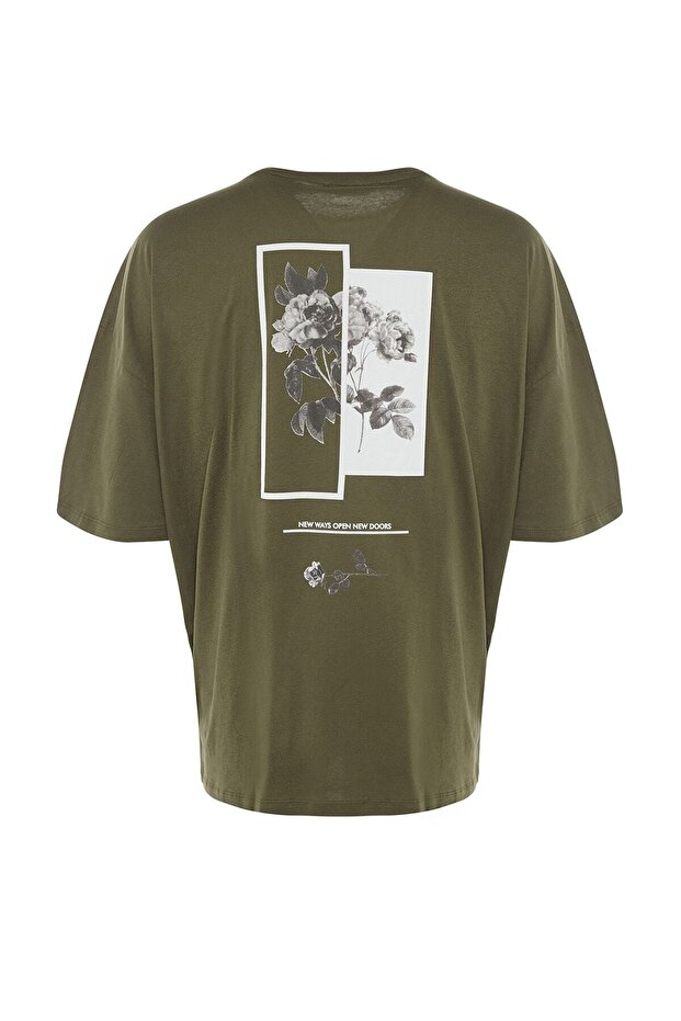 Haki Oversize/Geniş Kesim Bisiklet Yaka Çiçek Baskılı %100 Pamuklu T-Shirt TMNSS21TS1223 - 6