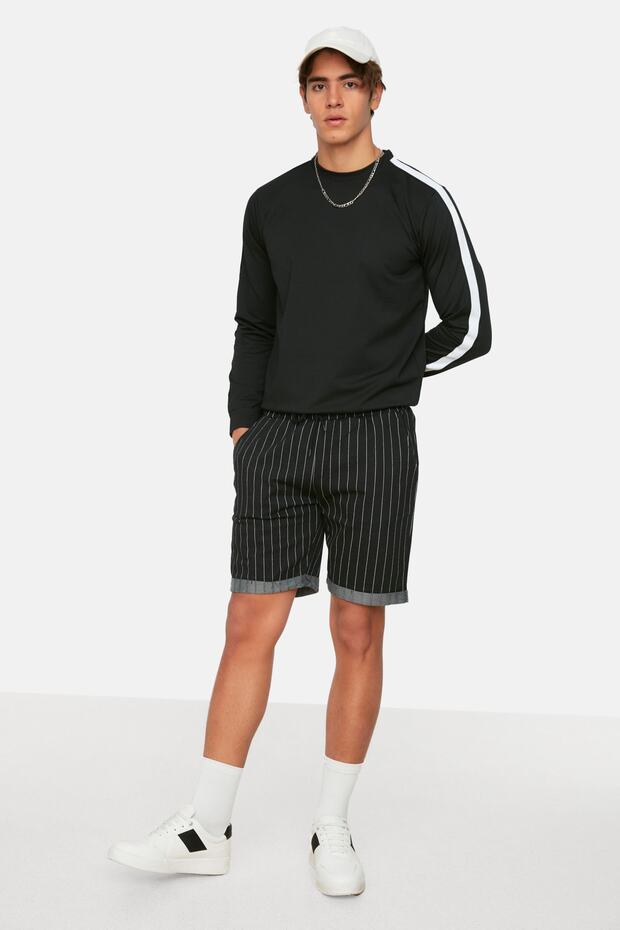 Siyah Regular Orta Boy/Normal Kesim Çizgili Şort TMNSS20SR0200 - 2