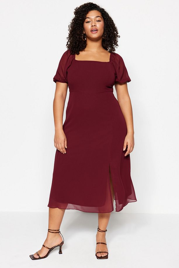 Bordo Dokuma Yırtmaçlı Elbise TBBSS22AH0012 - 4