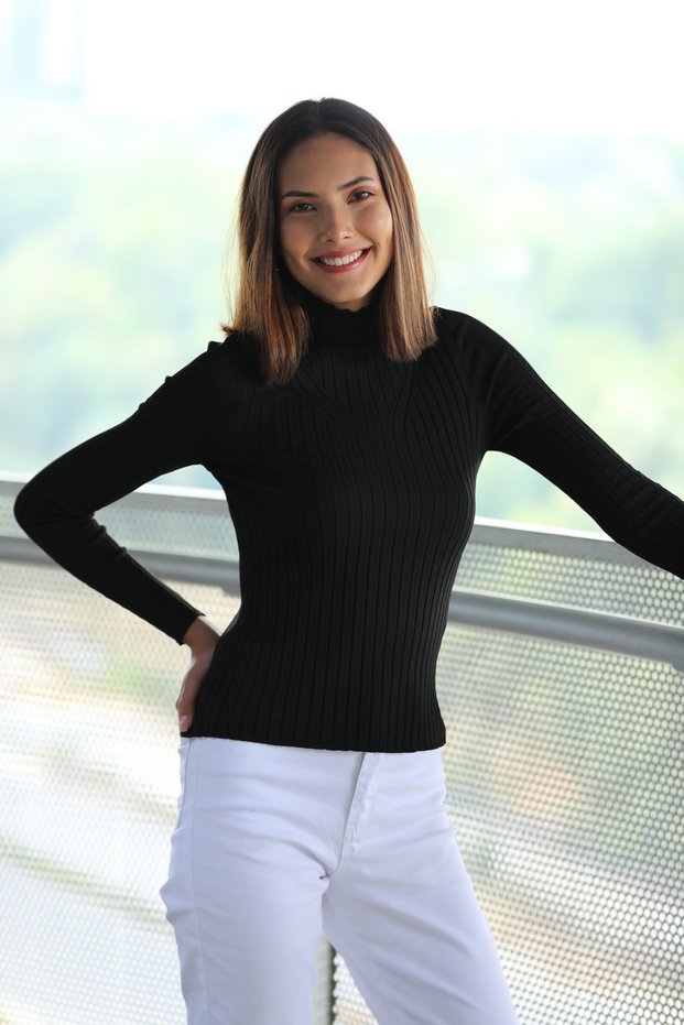 Women's Half Turtleneck Front Stripe Detail Black Color Knitwear Blouse
