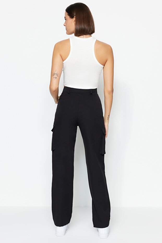 Siyah Kargo Straight/Düz Kesim Dokuma Çift Cepli Dokuma Pantolon TWOAW22PL0343 - 9