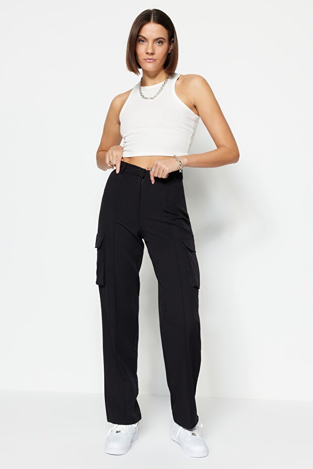Siyah Kargo Straight/Düz Kesim Dokuma Çift Cepli Dokuma Pantolon TWOAW22PL0343 - 5