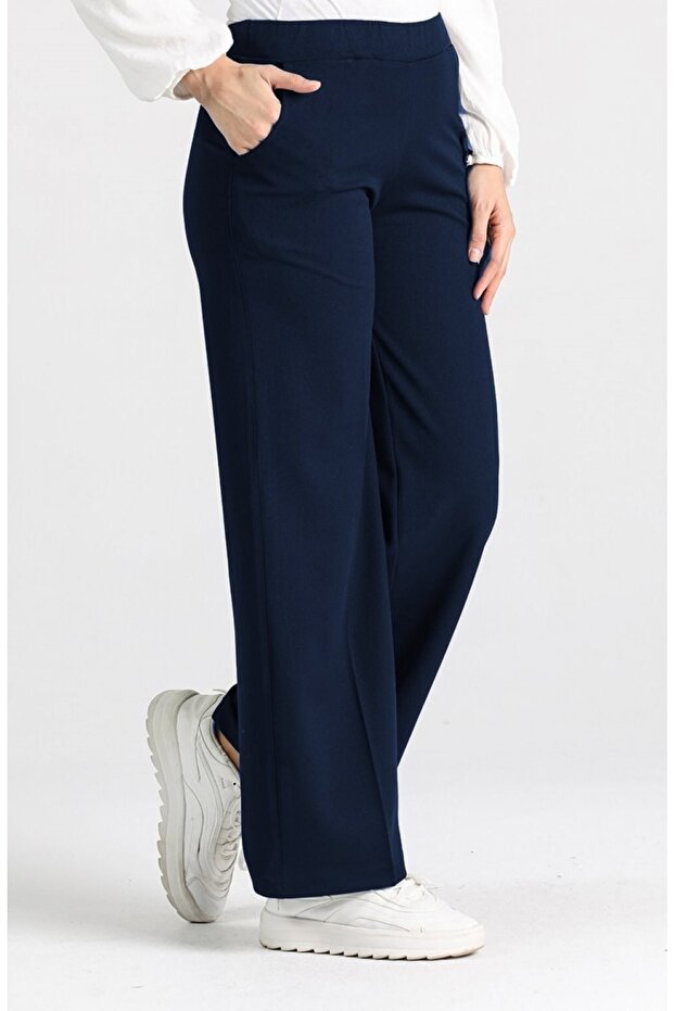 Miyase En Length Lycra Wide Leg Trousers Navy Blue