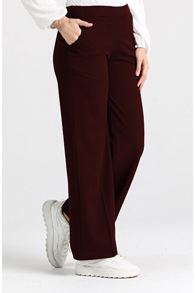 Oversize Lycra Wide Leg Women's Large Size Trousers Claret Red