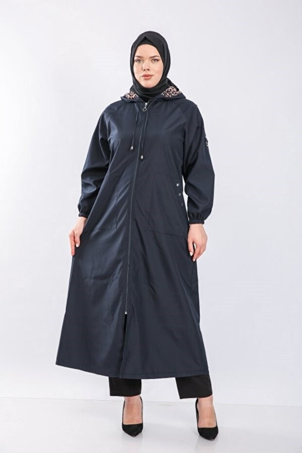 Plus Size Full Length Button Detailed Waterproof Bondit Hooded Trench - Navy Blue