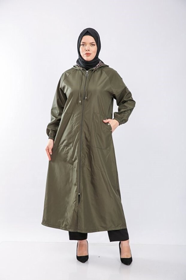 Large Size Full Length Button Detailed Waterproof Bondit Hooded Trench - Khaki