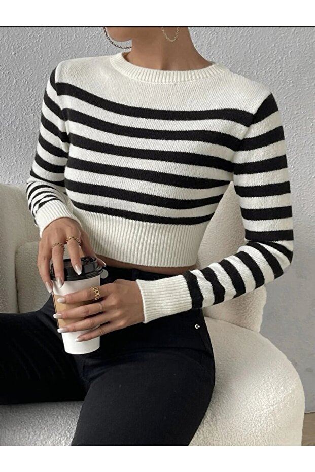 Triko Crop Örme Çizgili Kadın Kazak - 2