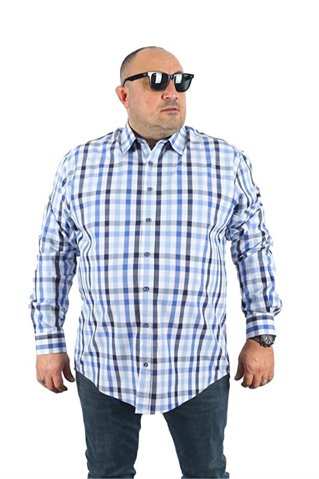قميص رجالي كبير الحجم ذو مربعات صغيرة 23361 أبيض
