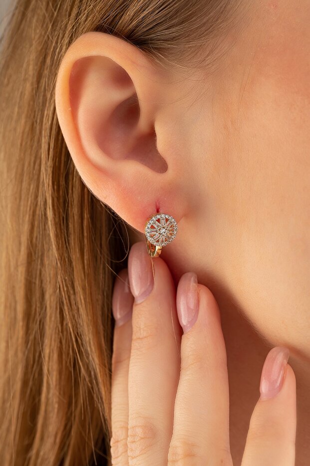 14 Ayar Altın Yuvarlak Baget Taşlı Küpe - 1