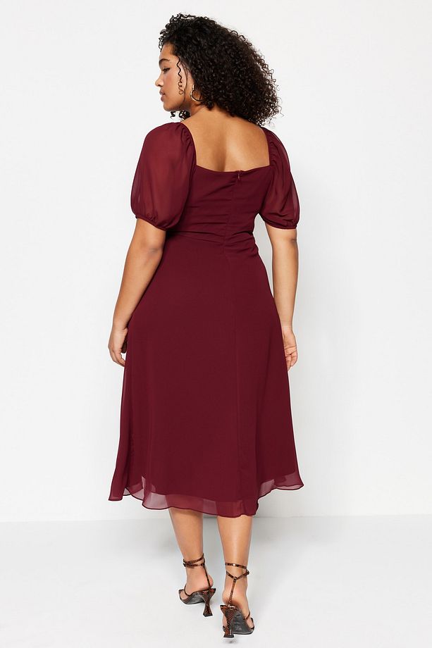 Bordo Dokuma Yırtmaçlı Elbise TBBSS22AH0012 - 5