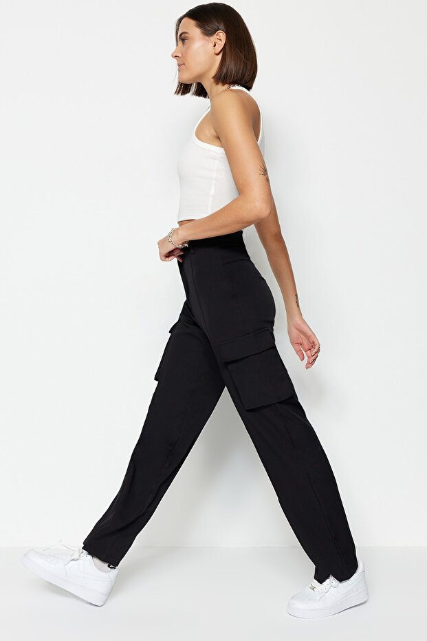 Siyah Kargo Straight/Düz Kesim Dokuma Çift Cepli Dokuma Pantolon TWOAW22PL0343 - 6