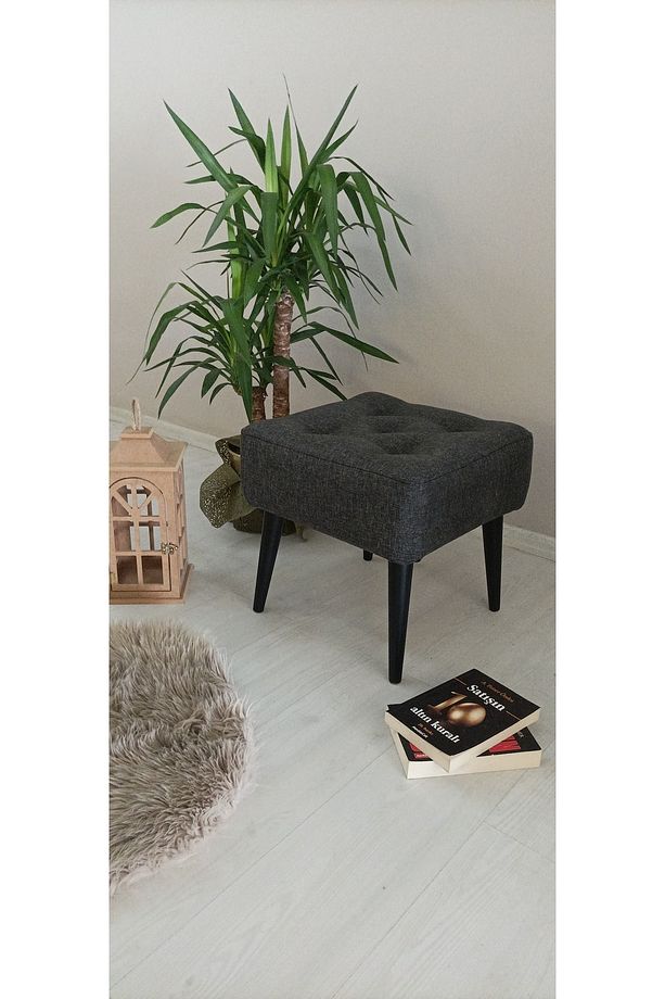 Artego Geniş Oturum Alanlı Siyah Ağaç Ayak Antrasit Kare Puf Bench - 1